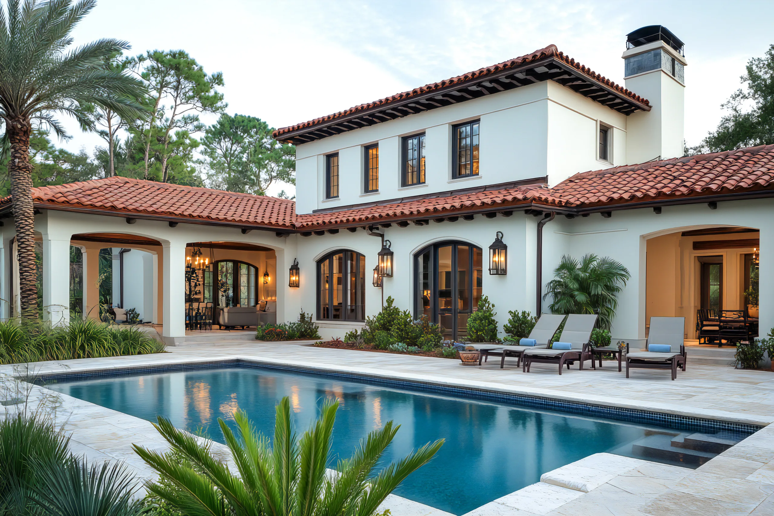 Elegant mediterranean style villa featuring terracotta roof tiles, white walls, arched windows, and a beautiful backyard pool surrounded by palm trees and lounge chairs.