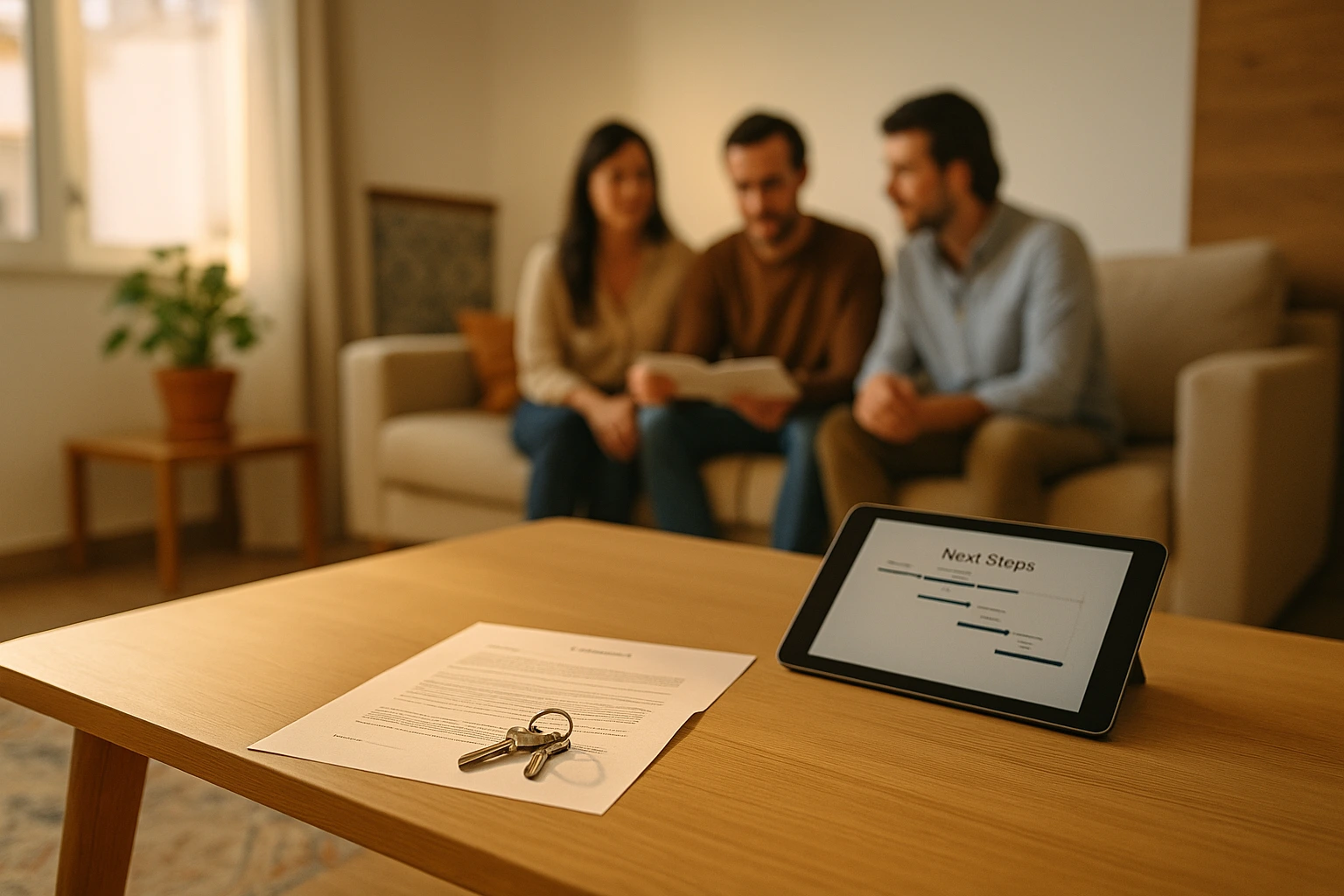 Close-up of real estate contract and keys, with couple and advisor in background.