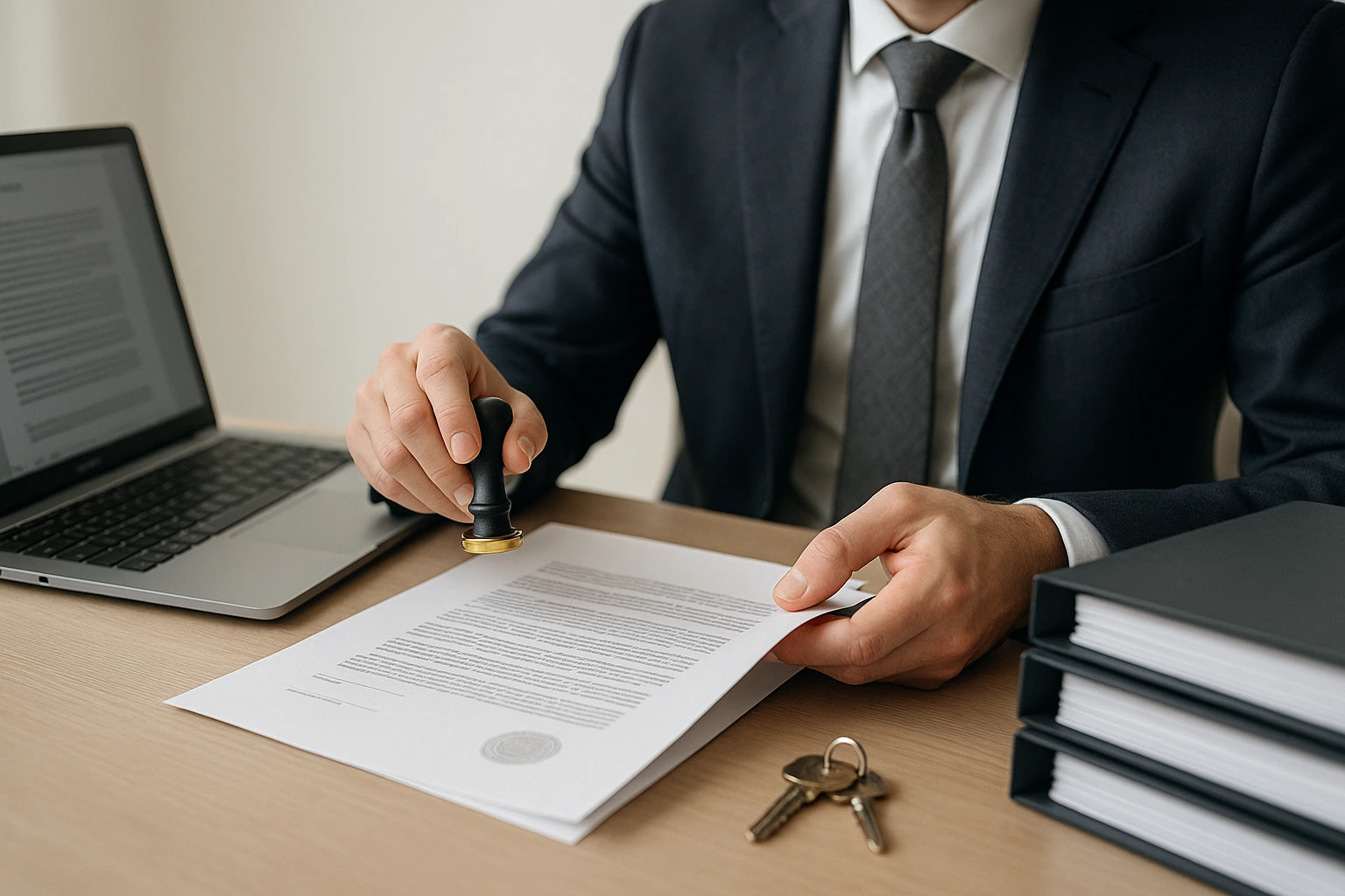 Man in suit stamping real estate contract near laptop and house keys.